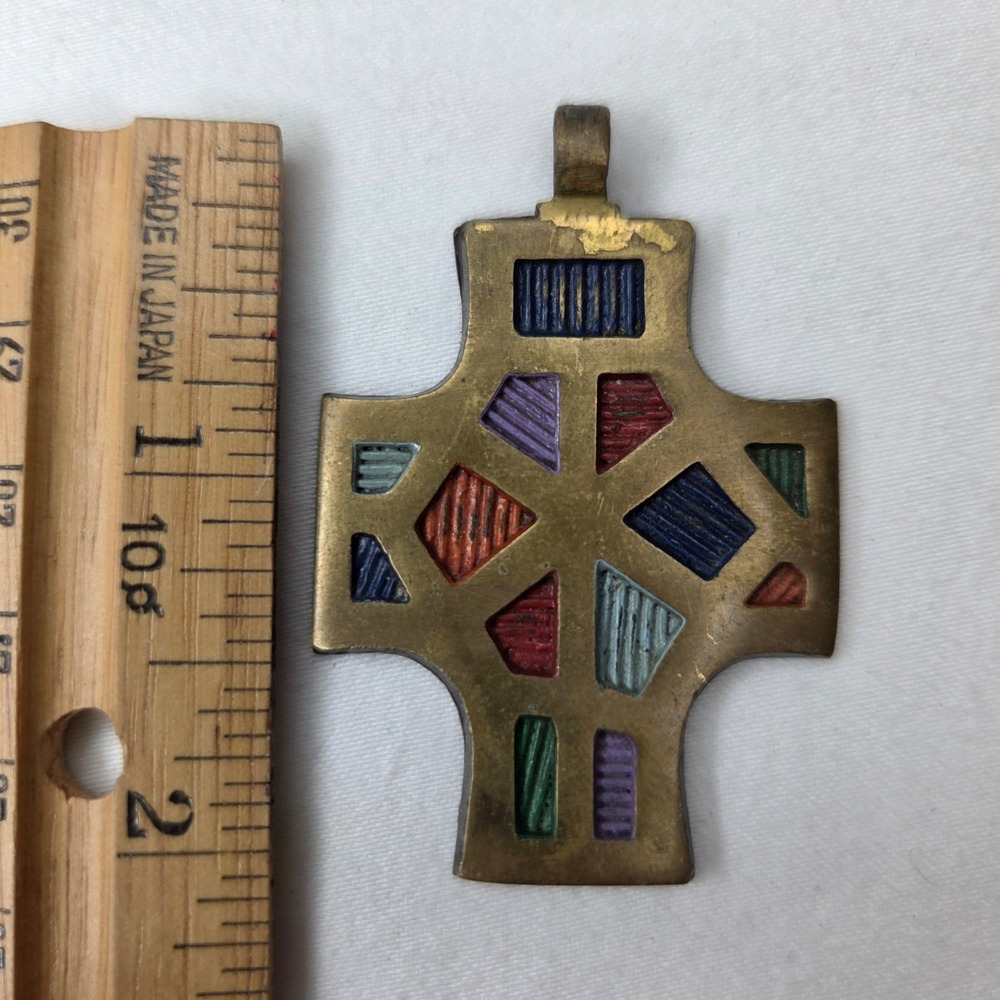 Vintage 1966 Terra Sancta Creations Israel Bronze Enamel Modernist Cross Pendant